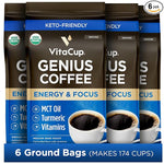 Load image into Gallery viewer, VitaCup Organic Genius Ground Keto Coffee, Increase Energy &amp; Focus w/MCT Oil, Turmeric, B Vitamins, D3, USDA Organic Ground Coffee Medium Dark Roast, 100% Arabica Beans, 6 bags, 10 oz each