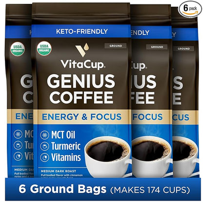 VitaCup Organic Genius Ground Keto Coffee, Increase Energy & Focus w/MCT Oil, Turmeric, B Vitamins, D3, USDA Organic Ground Coffee Medium Dark Roast, 100% Arabica Beans, 6 bags, 10 oz each