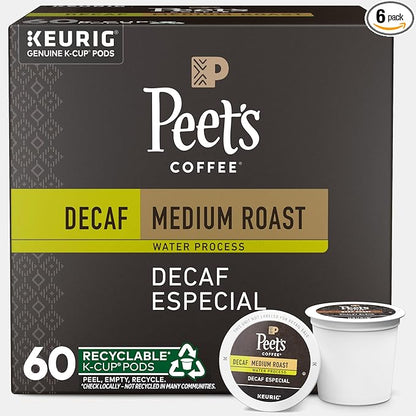 Peet's Coffee, Medium Roast Decaf Keurig K-Cup Pods - Decaf Especial 60 Count (6 Boxes of 10 K-Cup Pods)