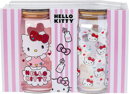 Silver Buffalo Sanrio Hello Kitty 2 Pack Iridescent Glitter Glass Jar Tumbler with Bamboo Lid and Glass Straw, 16 Ounces