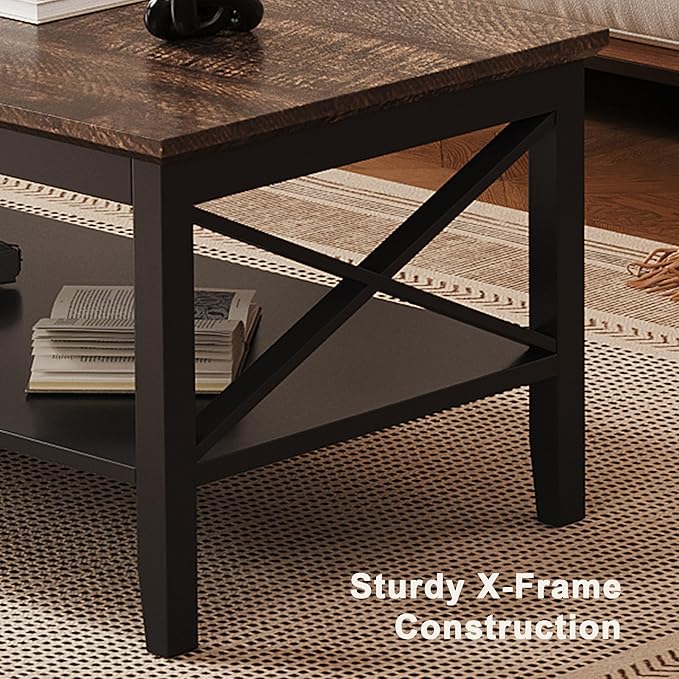 ChooChoo Coffee Table, Wooden Coffee Tables with Thicker Legs, Black Coffee Table with Storage for Living Room
