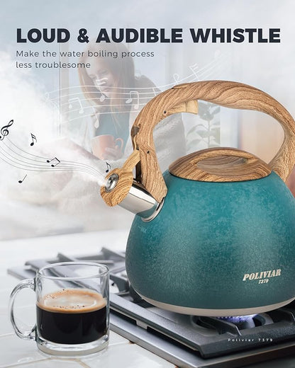POLIVIAR Tea Kettle, 2.7 Quart Stovetop Tea Kettle, Audible Whistling Teapot with Crackle Finish, Food Grade Stainless Steel for Anti-Rust, Anti Hot Handle, Suitable for All Heat Sources (JX2023-LYD)