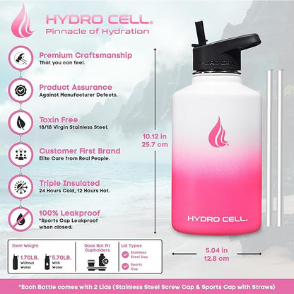 HYDRO CELL Stainless Steel Insulated Water Bottle with Straw - For Cold & Hot Drinks - Metal Vacuum Flask with Screw Cap and Modern Leakproof Sport Thermos for Adults (White/Pink 64oz)