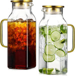 Load image into Gallery viewer, 2 Pack 2 Liters/68 oz Square Glass Pitcher with Lid and Handle for Fridge, Iced Tea and Coffee Carafe Beverage Serveware, Heat Resistant Borosilicate Water Gold Jug for Hot/Cold Drinks and Milk