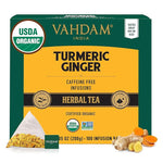 Load image into Gallery viewer, VAHDAM, Organic Turmeric Ginger Herbal Tea Bags (100 Pyramid Tea Bags) Caffeine Free, Non GMO | 100% Pure Herbal Blend - Savory &amp; Spicy, Plant-Based Teabags | Resealable Ziplock Pouch