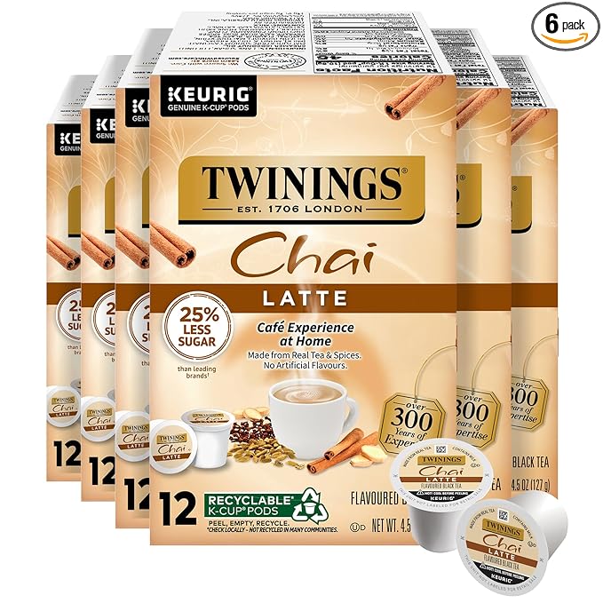 Twinings Chai Latte Black Tea 72 K-Cup Pods for Keurig, 12 Count (Pack of 6), Creamy, Slightly Sweet, Less Sugar, Caffeinated, Enjoy Hot or Iced