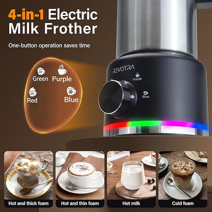 Milk Frother and Steamer, 500ml 4-in-1 Electric Foam Maker with Dial Control & LED Indicator, Hot & Cold Milk Frother, Non-Stick Stainless Steel, Silent, Easy to Clean, for Coffee, Latte, Cappuccino