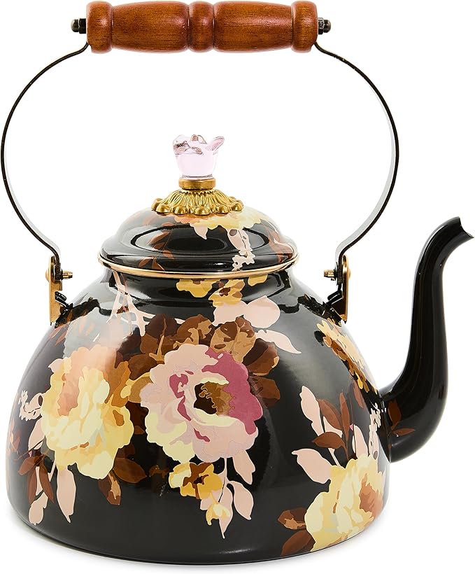 MACKENZIE-CHILDS Enamel Tea Kettle, Decorative Tea Kettle for Stovetop, 3 Quarts, Wild Rose Brown