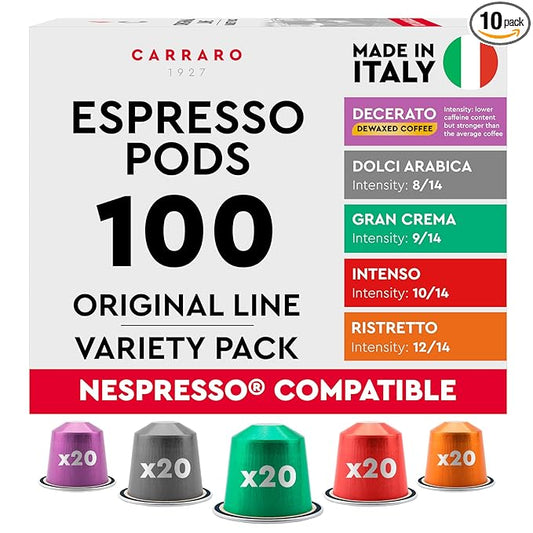 CARRARO Variety Pack - 100 Premium Espresso Pods Compatible with Nespresso Original Machines - Medium & Dark Roast Espresso Aluminum Capsules, 10 Packs - 100 Servings, Made in Italy