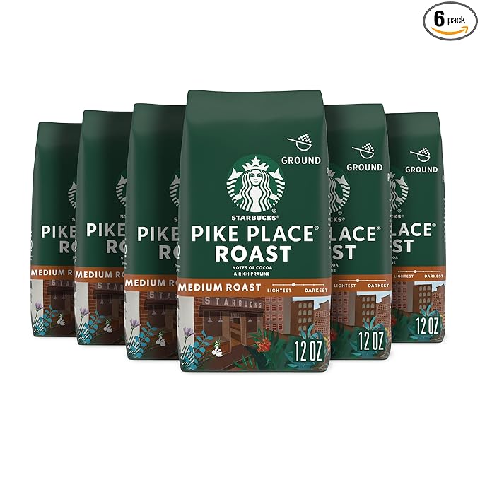 Starbucks Ground Coffee, Medium Roast Coffee, Pike Place Roast, 100% Arabica, 6 bags (12 oz each)