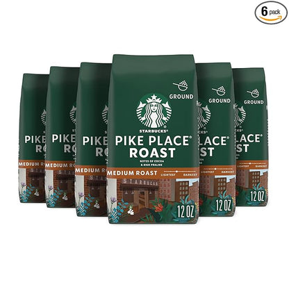 Starbucks Ground Coffee, Medium Roast Coffee, Pike Place Roast, 100% Arabica, 6 bags (12 oz each)