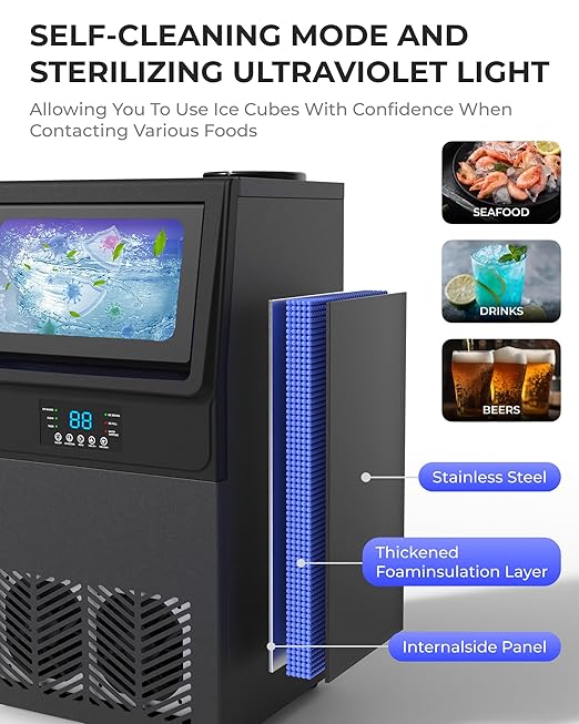 Commercial Ice Maker Machine 𝟏𝟎𝟎𝐋𝐁𝐒/𝐃𝐚𝐲, Undercounter Ice Makers 𝟑𝟎𝐋𝐁𝐒 Storage Bin and 𝟑𝟔 Ice Trays, Icemaker Machine Double Water Inlet with Water Line, Ice Scoop