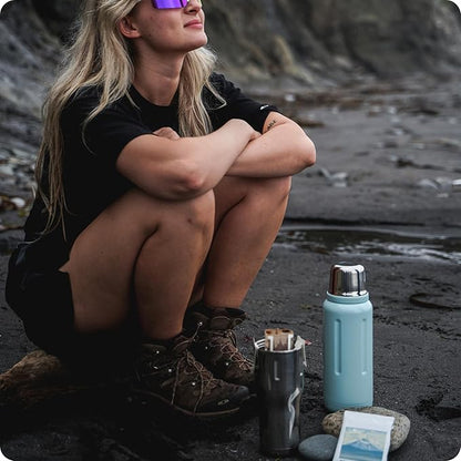 BOBBER 34 oz Stainless Steel Travel Thermos for Hot and Cold Drinks – Dishwasher Safe Metal Water Bottle with Cup Lid – Keeps Hot for 48 Hours – BPA-Free, Vacuum Insulated (Light Blue)