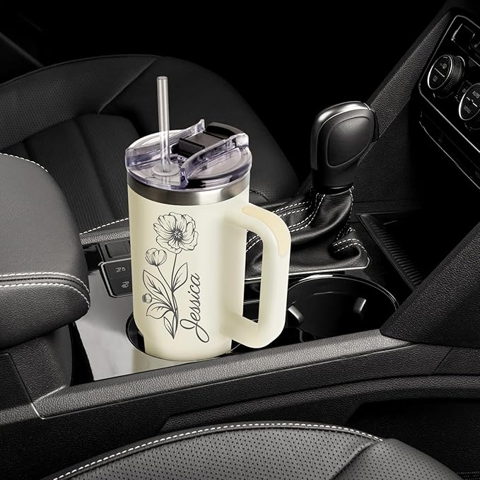 Made in USA - Personalized 40 Oz Tumbler with Handle and Straw - Custom Birthday Gifts with Name/Birth Flower for Wowen Girlfriend- Personalized Tumbler Bridesmaid Gifts for Wedding