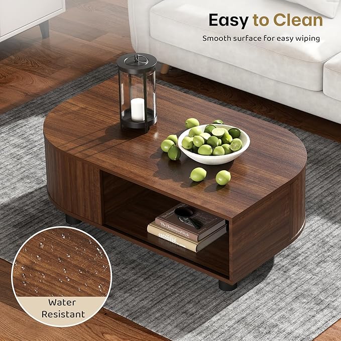 Mid-Century Modern 39.4" Coffee Table - Leaf-Shaped Wood Center Table with Storage, Retro Fluted Central Table with Sliding Door & Large Hidden Compartment, for Living Room, Office, Walnut