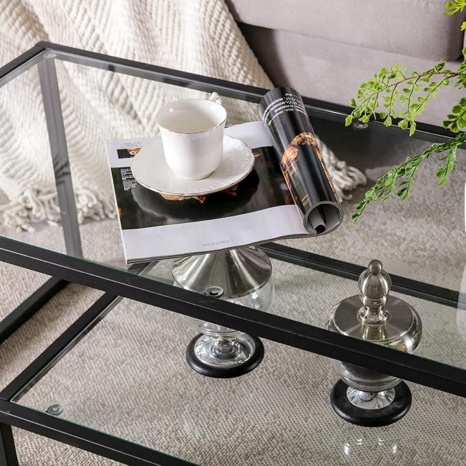 Metal Glass Coffee Table, Black Accent Modern Tempered Glass Side Table, Additional Storage Shelf, for Living Room Home Classy Furniture Office Decor