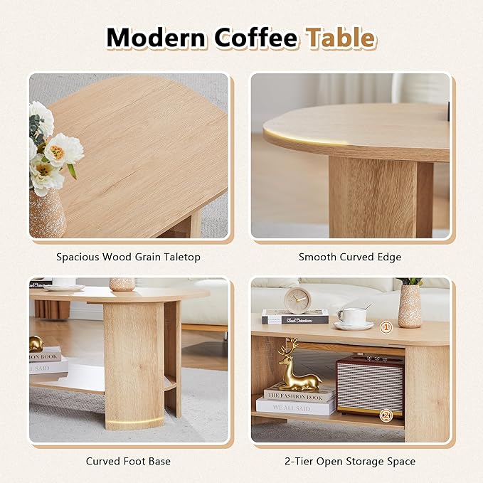 43.3” Oval Coffee Tables for Living Room, Wood Farmhouse Coffee Table with Storage, 2-Tier Center Table with Storage Shelf Low Tea Table for Small Space, Home, Office (Natural)