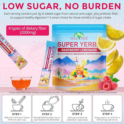 Super Yerba, Yerba Mate Instant Tea Powder, Natural Raspberry Lemonade Flavor, Energy Boost & Focus and Gut Health Support 30 Servings