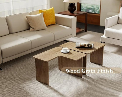 VESCASA Modern L Shaped Nesting Coffee Table Set of 2 Modular Rectangle Walnut Wood Table for Living Room