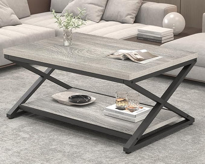 HSH Rustic Grey Coffee Table, Modern Minimalist Living Room Table with Storage Shelf, Industrial Simple Metal Wooden Center Table, 2 Tier Rectangle Cocktail Tea for Home Office Bedroom, 39 Inch