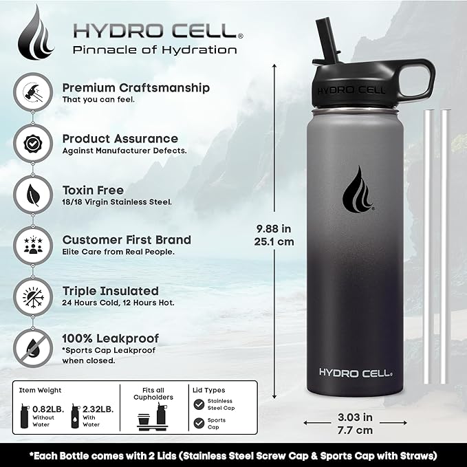 HYDRO CELL Stainless Steel Insulated Water Bottle with Straw - For Cold & Hot Drinks - Metal Vacuum Flask with Screw Cap and Modern Leakproof Sport Thermos for Adults (Graphite/Black 24oz)