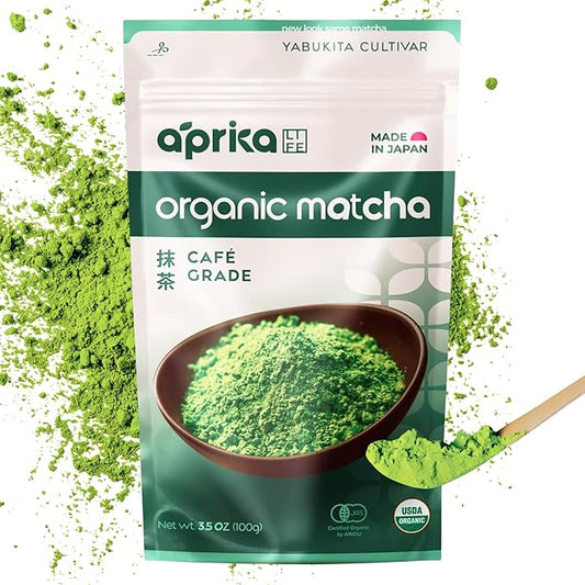 AprikaLife Organic Matcha Powder, USDA & JAS Certified, No Sugar Added, Authentic Japanese Cafe Grade Matcha Green Tea Powder Perfect for Matcha Lattes, Smoothies & Baking, 3.5 oz/100g