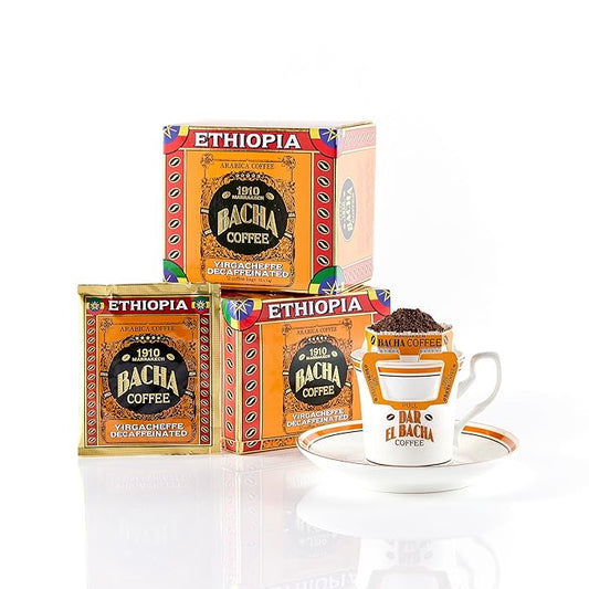 Bacha Coffee | Yirgacheffe Decaffeinated Ethiopia Single Origin, 100% Arabica Specialty Coffee Beans, Medium Dark Roast, x12 Individually Wrapped Single Serve Filter Bags