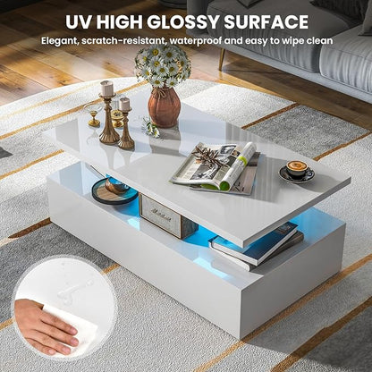 Tangkula LED Coffee Table, Modern High Gloss Coffee Table w/ 20-Color LED Lights, Adjustable Speed & Brightness, Remote Control, Open Shelf, 2-Tier Rectangle Living Room Center Table (White)