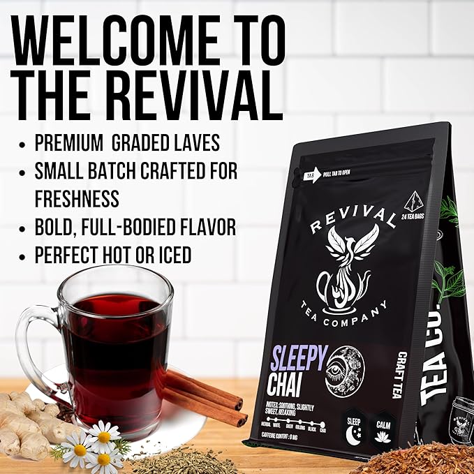 Revival Tea Company Sleepy Chai Tea - Rooibos Chai Tea Red Tea Blend with Valerian Root and Fresh Spiced Chai Flavor - Caffeine Free - Loose Leaf 8 Ounces