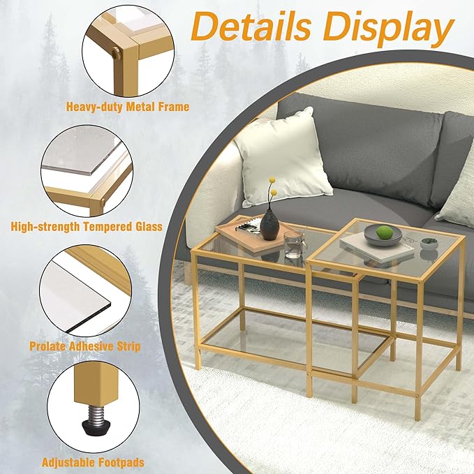 Coffee Table Set of 2,Gold Glass Nesting Coffee Side End Table,Square Modern Center Table for Living Room,Bedroom and Small Spaces,Tempered Glass-top with Sturdy Metal Frame, Easy Assembly