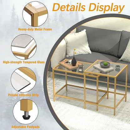 Coffee Table Set of 2,Gold Glass Nesting Coffee Side End Table,Square Modern Center Table for Living Room,Bedroom and Small Spaces,Tempered Glass-top with Sturdy Metal Frame, Easy Assembly