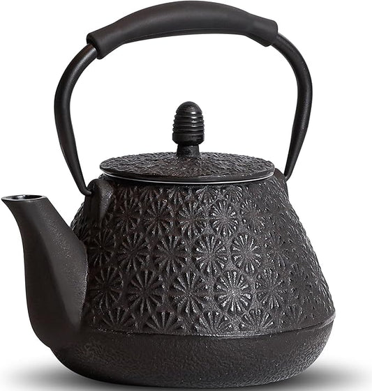 Cast Iron Teapot, 32oz Tea Kettle with Infuser for Stove Top, Sakura Blossom Pattern Japanese Tea Pot for Tea & Coffee Coated with Enameled Interior, Silicone Handle 950ml black