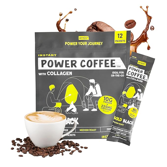 Projo* Power Coffee – Instant Coffee with 10g Protein - Grass-Fed Hydrolyzed Bovine Collagen & 225mg Caffeine – Organic, Unsweetened, Medium Roast – Bold Black – 12 Single-Serve Packets