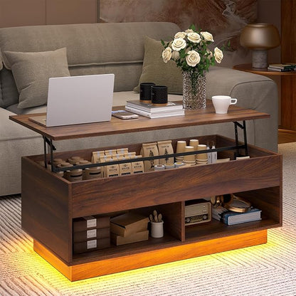 HOMMPA LED Coffee Tables for Living Room, 40 Inch Lift Top Coffee Table with Hidden Storage Mid Century Modern Center Table, Smart Gaming Tea Tables for Home Office Walnut