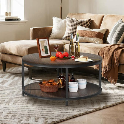 NSdirect 36 inches Round Coffee Table, Rustic Wooden Surface Top & Sturdy Metal Legs Industrial Sofa Table for Living Room Modern Design Home Furniture with Storage Open Shelf (Black Walnut, 36 in)