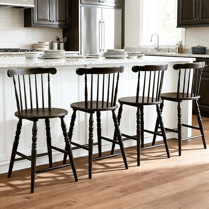 chairus 24" Windsor Counter Height Bar Stools Set of 3, Farmhouse Wooden Counter Stools with Spindle Back & Turned Legs, Rustic Vintage Colonial Bar Chairs for Kitchen Island, Antique Brown