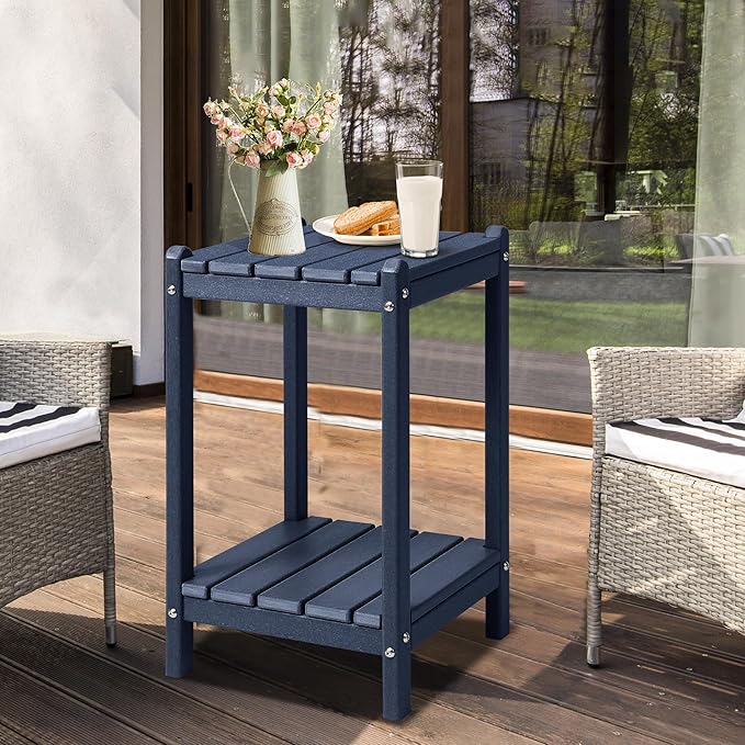 LZRS 24" Double Adirondack Outdoor Side Table, Pool Composite Patio Table,HDPE End Tables for Backyard,Pool, Indoor Companion, Easy Maintenance & Weather Resistant(Navy Blue)