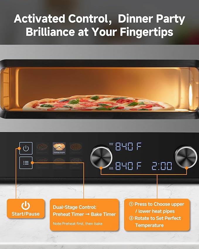 Upgraded Pizza Oven Heats up to 840°F Makes 12 Inch Pizzas in 90 Seconds Countertop Electric Pizza Maker with 6 Touchscreen Presets Pizza Stone & Peel Included - Stainless Steel