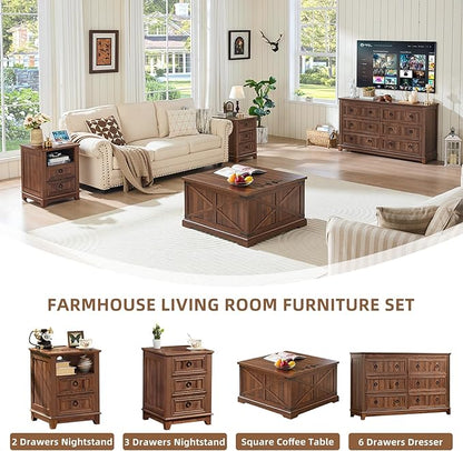 Farmhouse Coffee Table with Large Hidden Storage Compartment, Brown Retro Square Center Table, Wood Rustic Low Modern Living Room Tables with Hinged Lift Brown Top & Wooden Arc Base