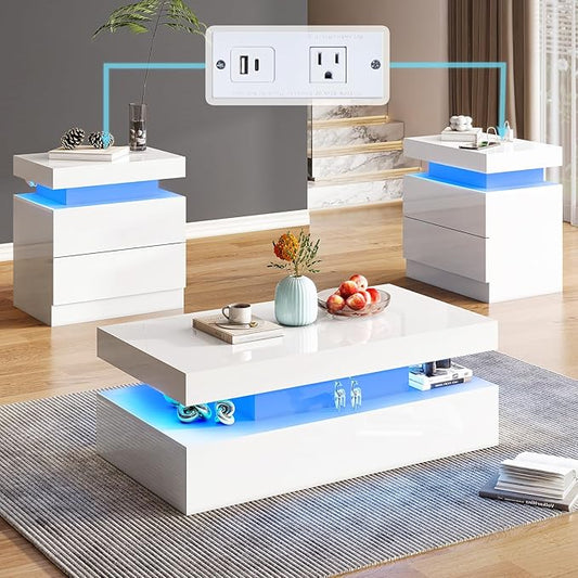 AMERLIFE High Gloss 3 Pieces Living Room Table Set, Modern LED Coffee Table Sets of 3, 2-Tier Center Table with 2 End Side Tables, LED Lights Bedside Table Nightstands with Charging Station, White