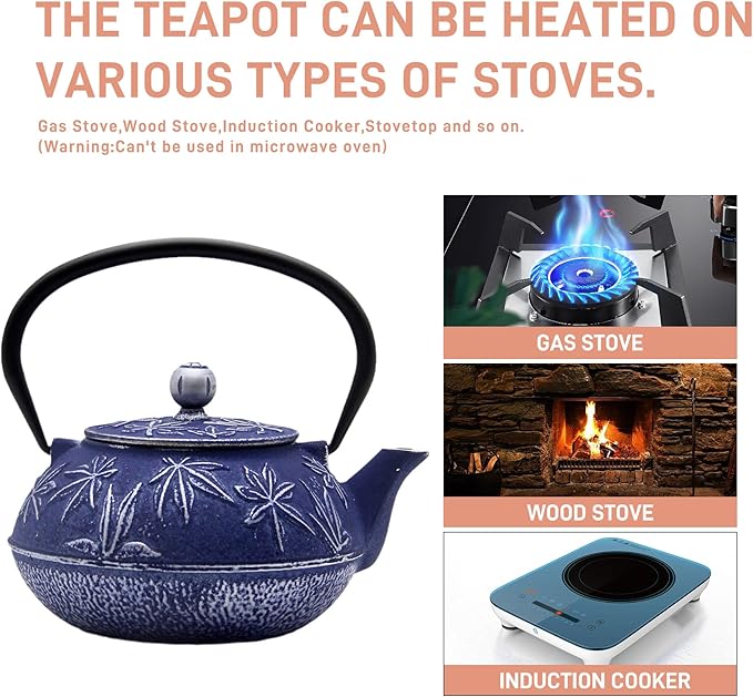 Cast Iron Teapot Tea Kettle with Stainless Steel Infuser for Stovetop Safe Coated with Enameled Interior Japanese Tetsubin with Maple Leaves Pattern(30.4oz/900ml) (Color-3)