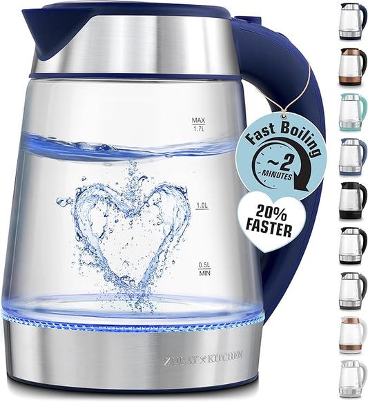 Zulay Kitchen Fast Boiling Electric Water Kettle - 1.7L, 1500W, Auto Shut-Off for Overboil & Boil Dry Protection, Cool-Touch Handle, 360° Base - Rapid Teapot Boiler For Coffee & Tea - Navy