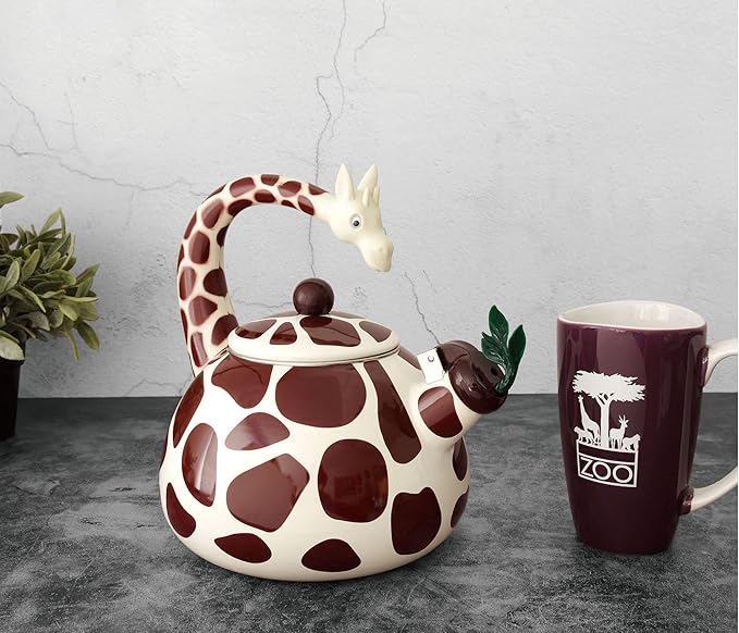 UPware Giraffe Enamel on Steel Whistling Tea Kettle, Cute Animal Teakettle, 2.1 Quart