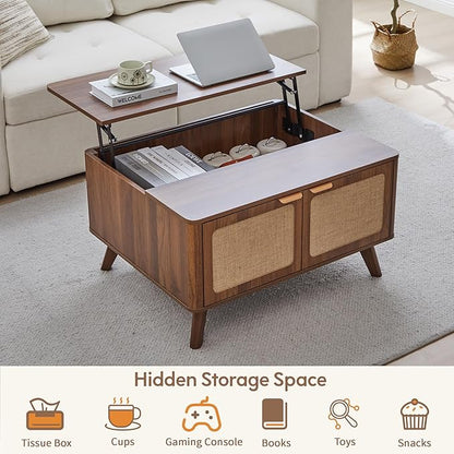 AVZEAR Lift Top Coffee Table with Storage, Mid Century Modern Coffee Table with Nature Linen Doors & Large Hidden Storage, Rounded Corners Center Table Farmhouse Coffee Tables for Living Room, Walnut