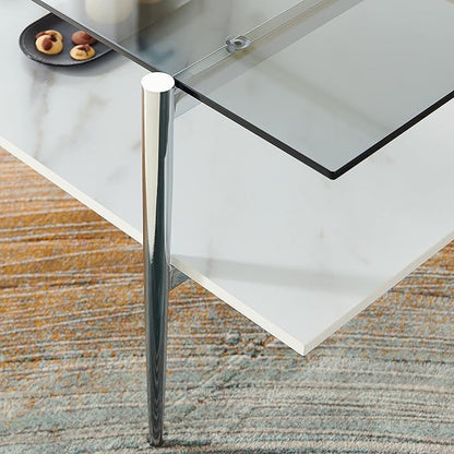 AGV LIGHTING Tadio Glass Coffee Table, Mid-Century Modern Coffee Table for Living Room, Chrome Finish Leg, Gray Glass Top & Faux Marble Wood Shelf, 41 in