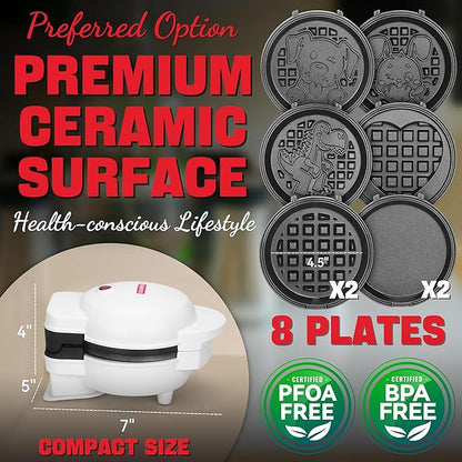 6-in-1 Mini Waffle Maker With Removable Plates, 4.5'' Mini Waffle Iron for Holidays, Parties & Events Waffle Maker Machine, 8 Plates with Premium Ceramic Coating, White