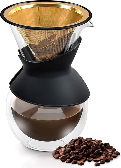 Compatible with Hario V60, Chemex Pour Over Coffee Filter - Wide Metal Base Reusable Stainless Steel Coffee Dripper - Paperless Coffee Filter for Sustainable Brewing