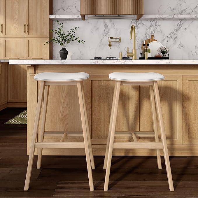 Plank+Beam Beryl Bar Height Stool - Mid-Century Modern Rubberwood Bar Stool with Faux Leather Seat, Metal Footrest, Easy Assembly, Blonde/Sesame