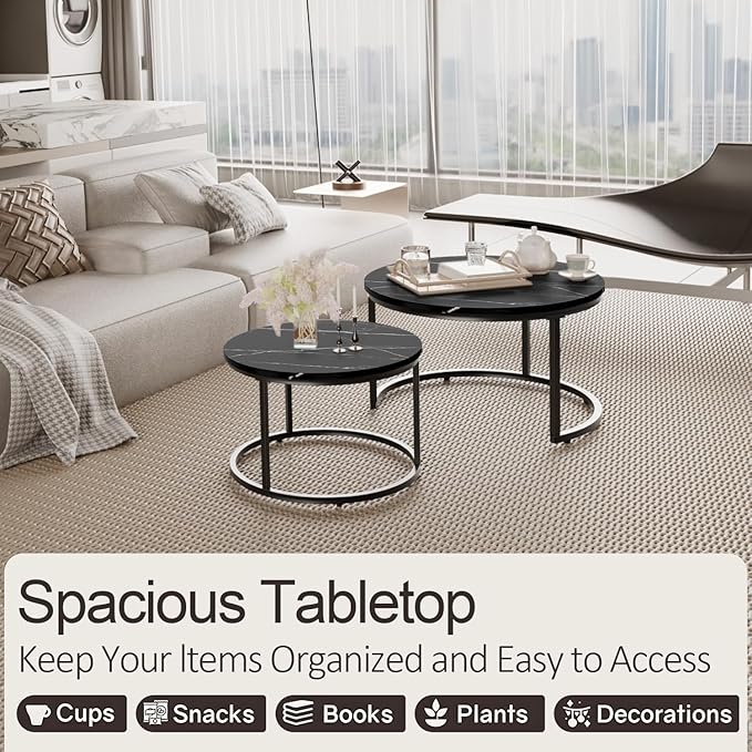 Round Coffee Table, Circle Nesting Coffee Tables for Living Room, Small Dining Center Space Saving Living Room Small Tables, Modern Center Table Dining Black, Modern Home Furniture