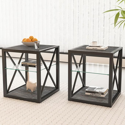 Modern End Table Set of 2 for Living Room 17.7" Bedroom Nightstand, Tempered Glass Shelf & Rustic Wood MDF Top Square Side Tables 2 Pack, Industrial Grey